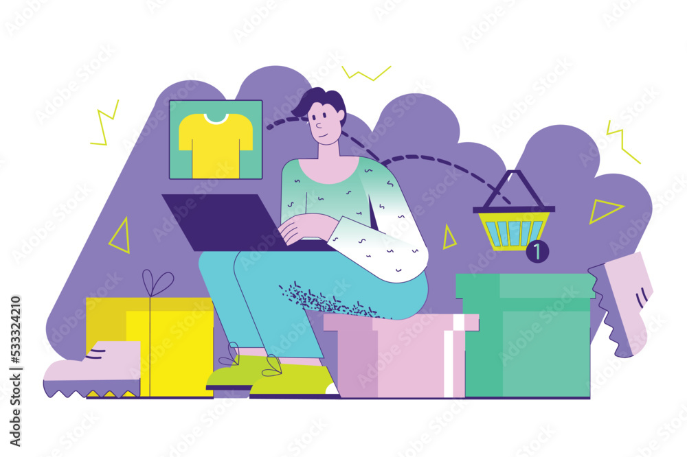 Online shopping violet concept with people scene in the flat cartoon design. Man sits at a laptop, chooses goods and orders with online delivery. Vector illustration. Online shopping violet concept with people scene in the flat cartoon design. Man sits at a laptop, chooses goods and orders with online delivery. Vector illustration.