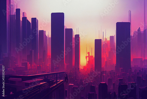 A cyberpunk city skyline with towers and neon lights