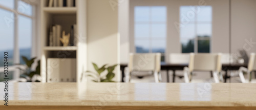 Modern marble stone tabletop over blurred office building with meeting room in the background