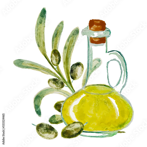 Watercolor illustration of a bottle of olive oil, olive branch