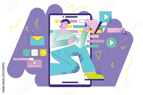Violet concept Marketing with people scene in the flat cartoon design. Marketer works with a tablet and promotes various products on the Internet. Vector illustration.