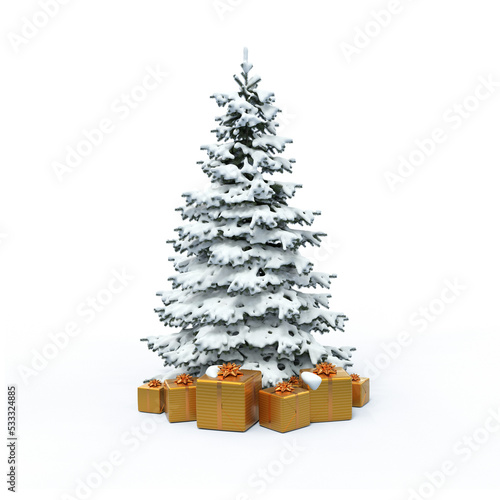 Sapin de No√´l recouvert de neige sur fond blanc - rendu 3D photo