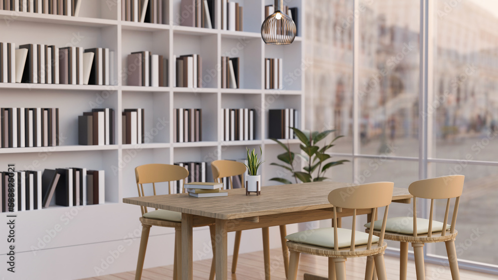 Minimal and comfortable library with reading space interior design, wood table and chairs