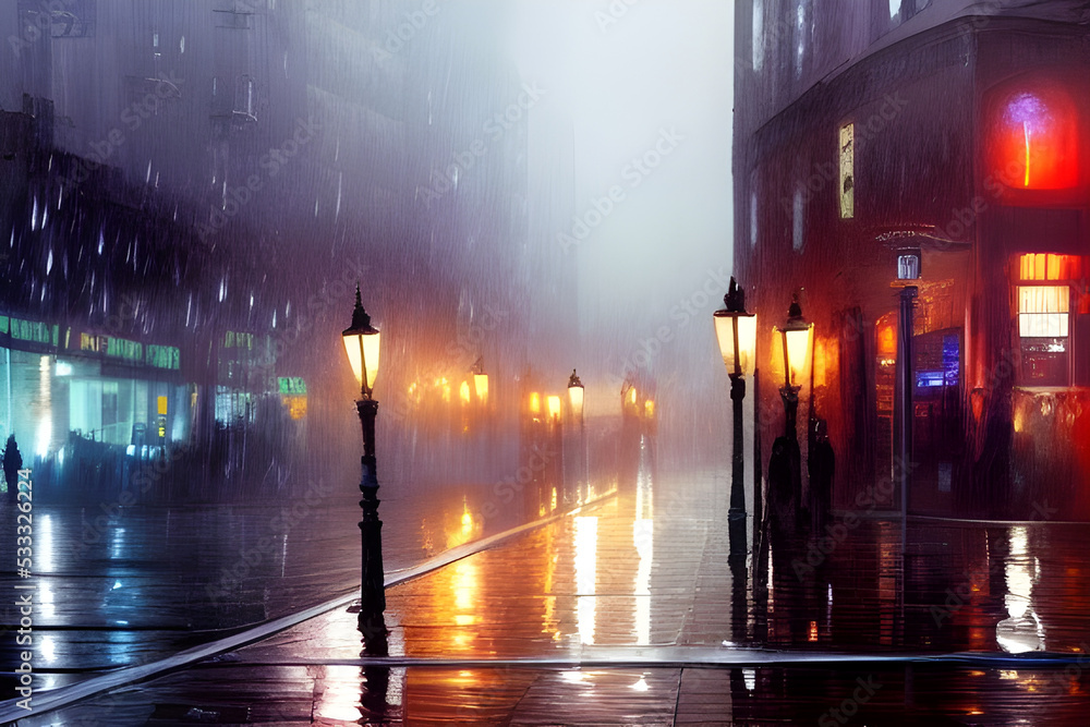 Rain over night city. Street lights reflected on wet asphalt. Urban night background. Digital illustration. CG Artwork Background