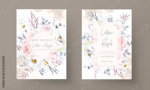 beautiful blooming flower and leaves watercolor wedding invitation card