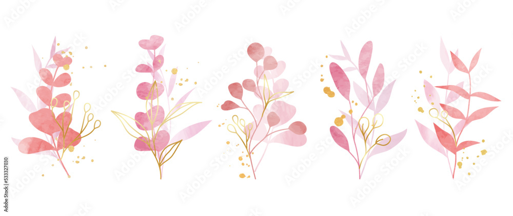 Set of watercolor botanical element vector. Luxury foliage collection of leaf branch, eucalyptus leaves, flowers, with gold line art. Elegant collection for wedding, invitation, decorative, card. - obrazy, fototapety, plakaty 
