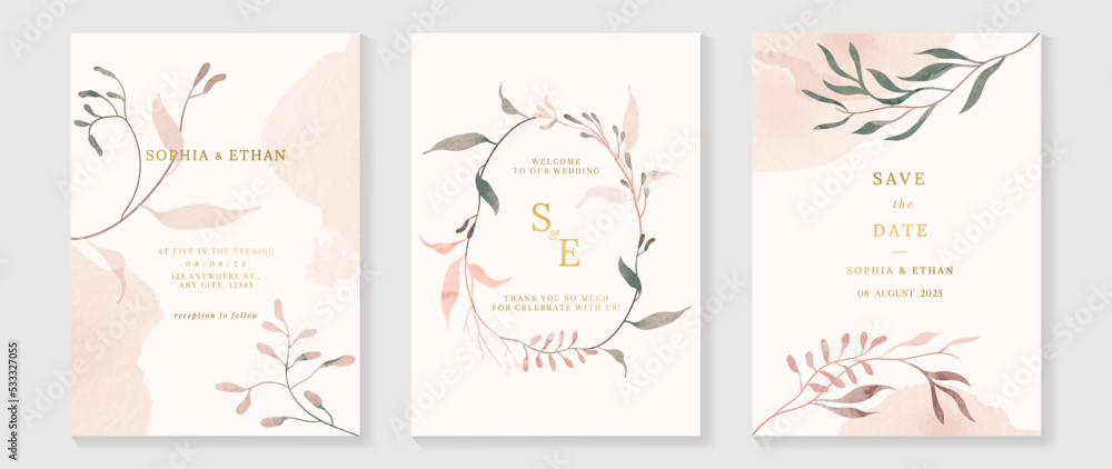 Luxury botanical wedding invitation card template. Watercolor card with leaf branch, eucalyptus, berry, foliage wreath. Elegant autumn season vector design suitable for banner, cover, invitation.