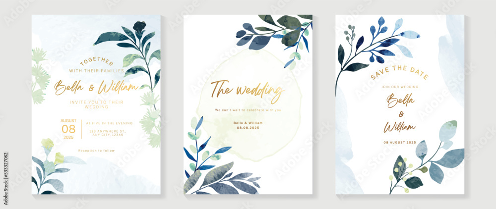 Luxury botanical wedding invitation card template. Blue watercolor card with leaf branch, eucalyptus, berry, foliage, flower. Elegant blossom vector design suitable for banner, cover, invitation.