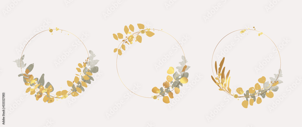 Luxury botanical gold wedding frame elements on white background. Set of circle shapes, glitters, eucalyptus leaves, leaf branches. Elegant foliage design for wedding, card, invitation, greeting.  - obrazy, fototapety, plakaty 