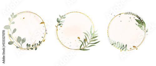 Luxury botanical gold wedding frame elements on white background. Set of circle shapes, glitters, eucalyptus leaves, leaf branches. Elegant foliage design for wedding, card, invitation, greeting. 