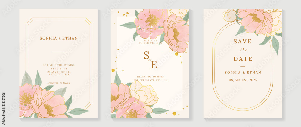 Luxury floral wedding invitation card template. Pink watercolor card with leaf branch, flowers, roses, gold line art. Elegant blossom rose vector design suitable for banner, cover, invitation.