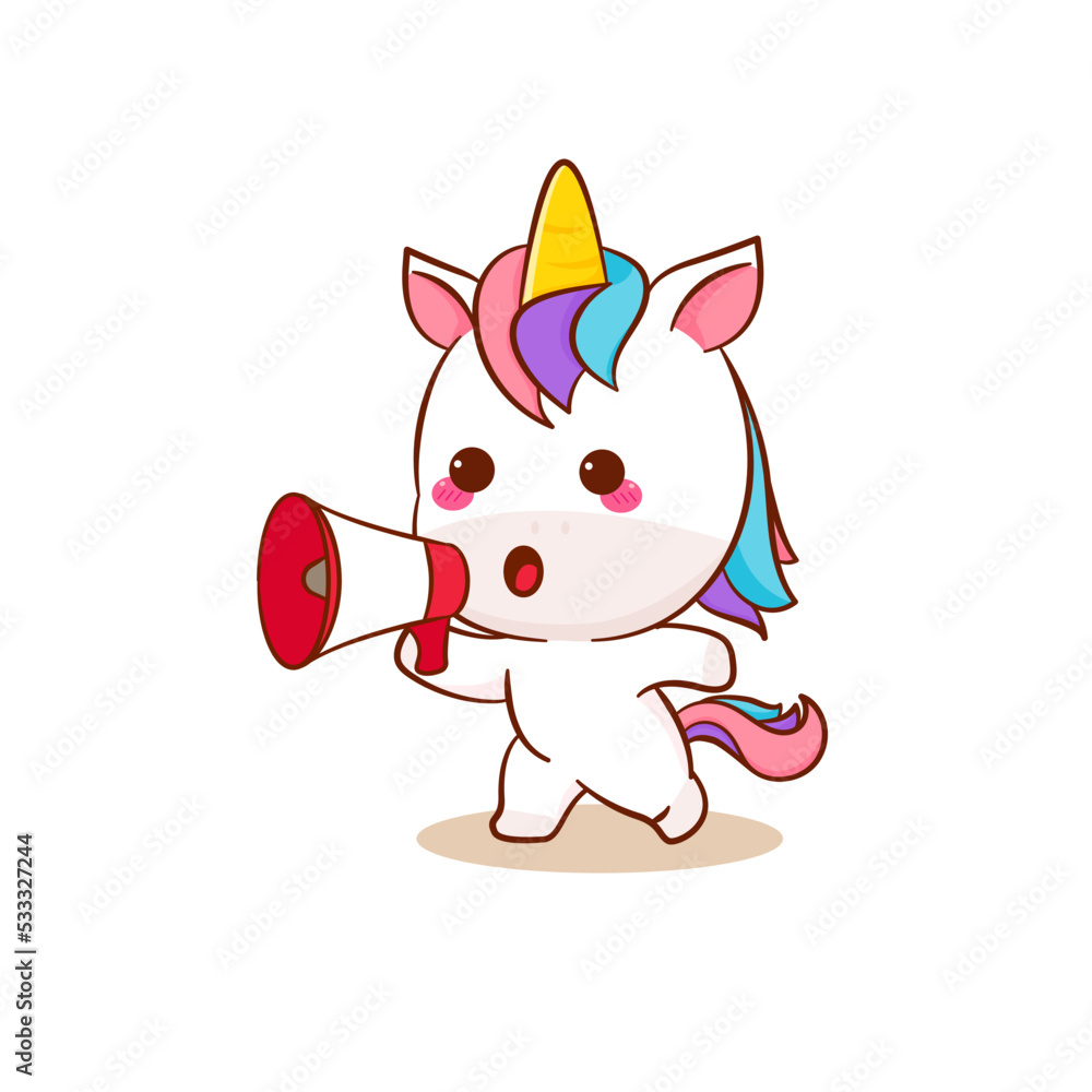 Obraz premium Cute magical pegasus unicorn cartoon holding megaphone vector. Pony cartoon kawaii animal. Isolated on a white background. 