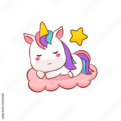 Cute magical pegasus unicorn cartoon Cute magical unicorn cartoon sleeping above clouds vector. Pony pegasus cartoon kawaii animal. vector. Pony cartoon kawaii animal. Isolated on a white background. 