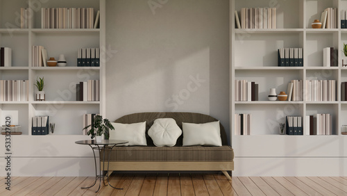 Modern cozy Scandinavian reading room or living room with built-in bookshelves and sofa