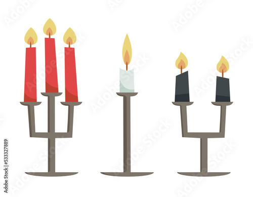 Set of candelabras with candles. Interior elements in cartoon style.