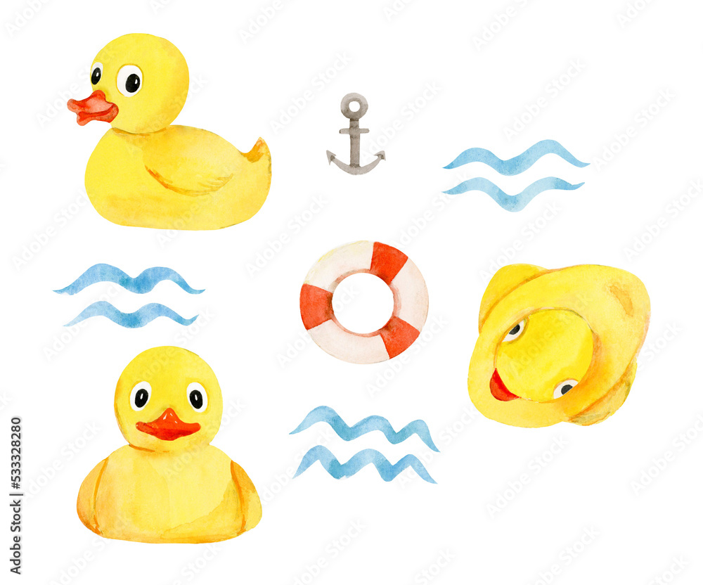 A set of watercolor rubber yellow ducks for the bath. Illustration of
