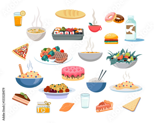 A large vector set with food. Breakfast, lunch and dinner, pastries and desserts, fast food
