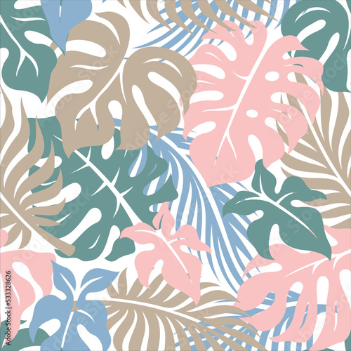 seamless pattern of monstera and palm leaves