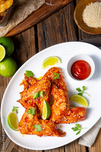 chicken wings with potato wedges and sezam.