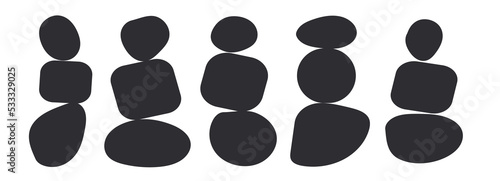 Silhouette of balance pebble stone cairns figure vector Illustration. Circle irregular shape, organic round form. Abstract wellness rock tower. Simplicity calm and zen of cairn. Monochrome black stone