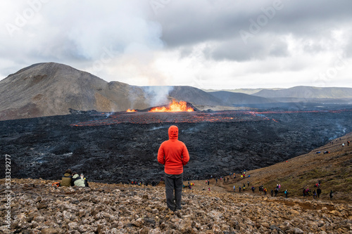 Tourist visiting Fagradalsfjall eruption site photo