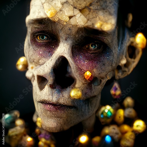 Scary zombie rocky face with gems incrustated. Gemstones on the skin, portrait made of precious stones, dark eyes. Photo realistic, concept art, cinematic light, background, wallpaper, illustration photo