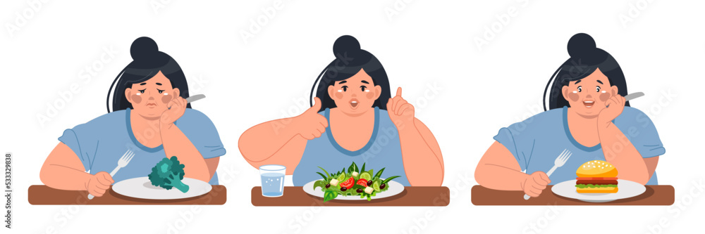 Vector set with an obese woman taking food for lunch, breakfast or dinner. Vector illustration Vector set with an obese woman taking food for lunch, breakfast or dinner. Vector illustration