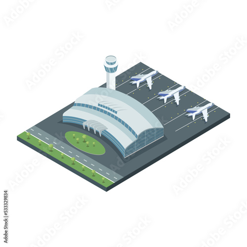 Isometric model of airplanes on field with contemporary building of airport.