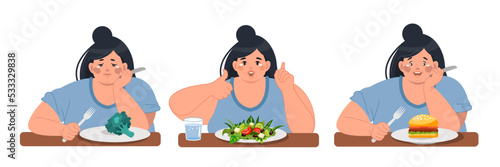 Vector set with an obese woman taking food for lunch, breakfast or dinner. Vector illustration