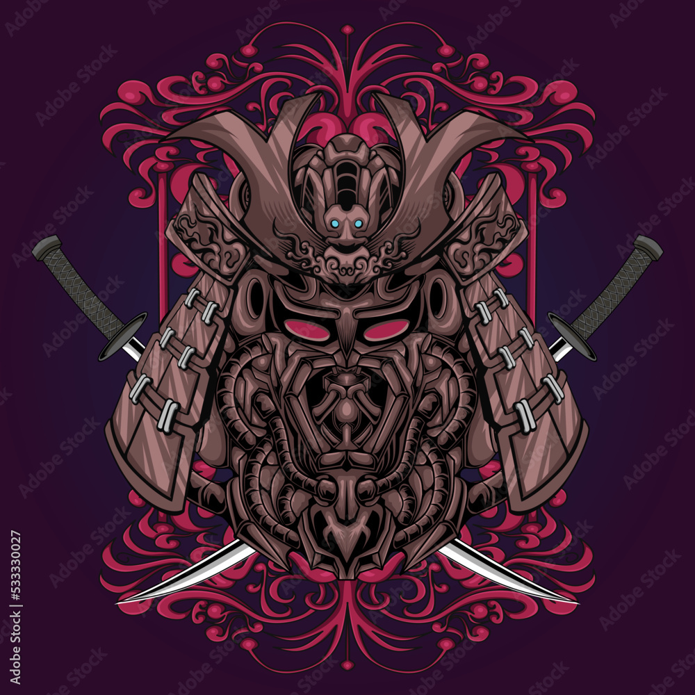 Samurai mask and sword vector illustration