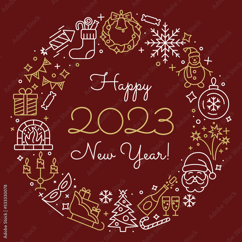 New Year icons. Happy New Year 2023 Frame. Elegant minimal design in the style of a thin line art. Christmas party elements. Outline pictograms for web site design and mobile apps. New Year icons. Happy New Year 2023 Frame. Elegant minimal design in the style of a thin line art. Christmas party elements. Outline pictograms for web site design and mobile apps.
