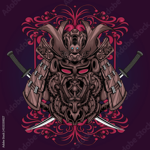 Fototapeta Naklejka Na Ścianę i Meble -  Samurai mask and sword vector illustration