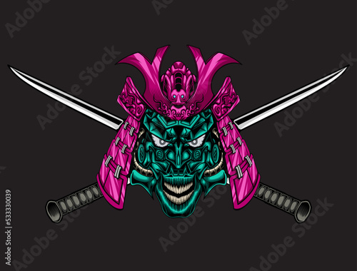 Samurai mask and two crossed katana swords vector