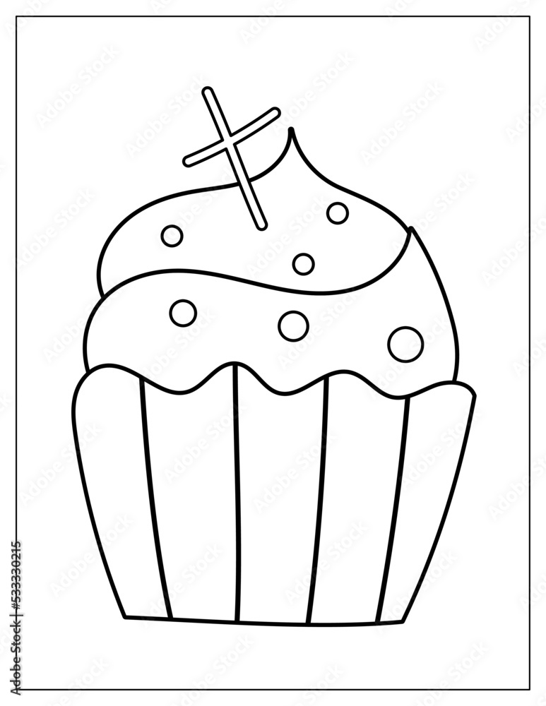 Halloween coloring page with spooky cupcake with cross on it. Creepy