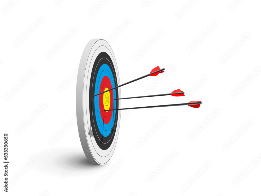 Archery target with three arrows isolated on white background. Vector poster or banner template. Archery target with three arrows isolated on white background. Vector poster or banner template.