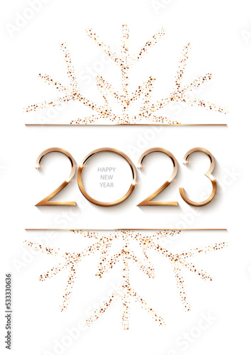 Happy New Year 2023 background with gold frame and snowflake. Shining with sparkles numbers and border Merry Christmas card. Greeting festive vector illustration. Holiday modern poster design