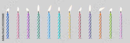 3d realistic colorful candles for birthday cake, holiday candles with burning flames