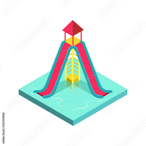 Colorful aqua park slide isometric 3D element. Outdoor funny relax and activity, summertime family vacation, children water attractions vector illustration.