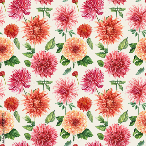 Dahlia floral background. Colorful flowers. Seamless pattern watercolor botanical painting