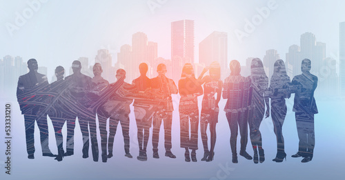 Creative image of silhouettes of businesspeople standing together on abstract background