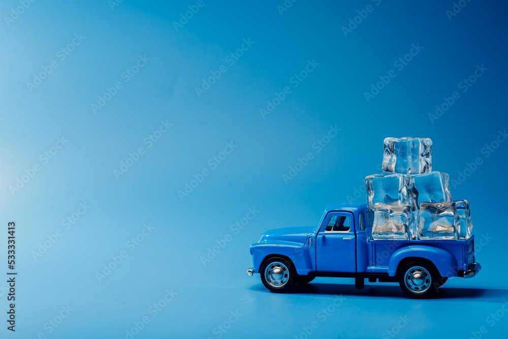 Toy blue car with ice. Minimalism Ice Machine