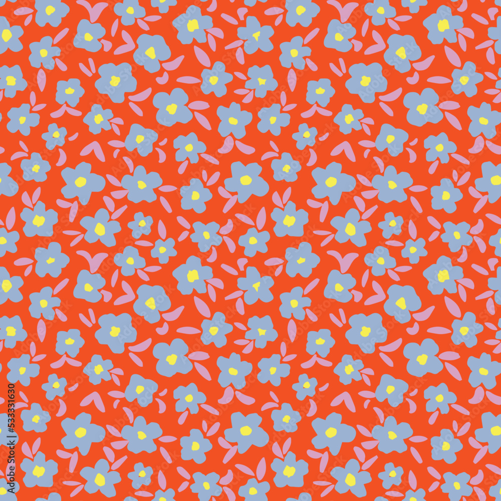 Ditsy daisy flowers with leaves seamless repeat pattern. Random placed, bector florals all over surface print on pink red background. Ditsy daisy flowers with leaves seamless repeat pattern. Random placed, bector florals all over surface print on pink red background.