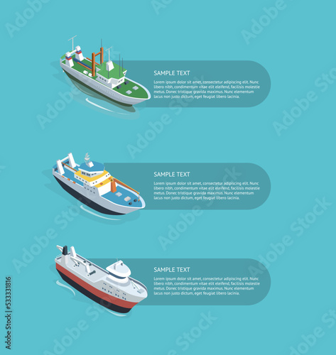 Isometric view of different models of boats sailing in the water with description frames.