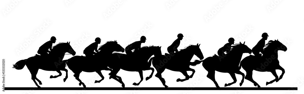 Jockey competition. Horses ride fast. Image silhouette. Sports and sporting pet animals. Isolated on white background. Vector Jockey competition. Horses ride fast. Image silhouette. Sports and sporting pet animals. Isolated on white background. Vector