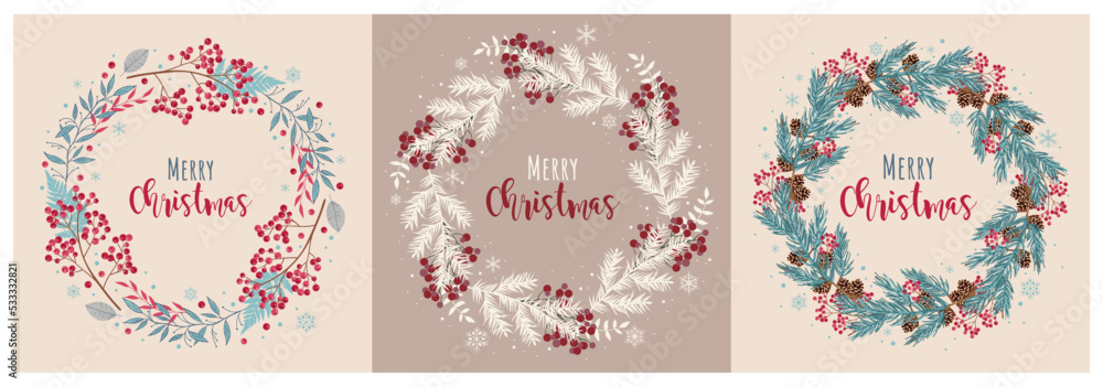 Collection of Christmas wreaths with fir branches, red berries, leaves and other elements. Round frame for winter design such as Christmas card, poster, invitation, banner. Vector Collection of Christmas wreaths with fir branches, red berries, leaves and other elements. Round frame for winter design such as Christmas card, poster, invitation, banner. Vector