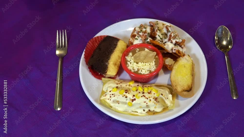 horizontal panning view of a plate with mexican food on a colorful purple background horizontal panning view of a plate with mexican food on a colorful purple background