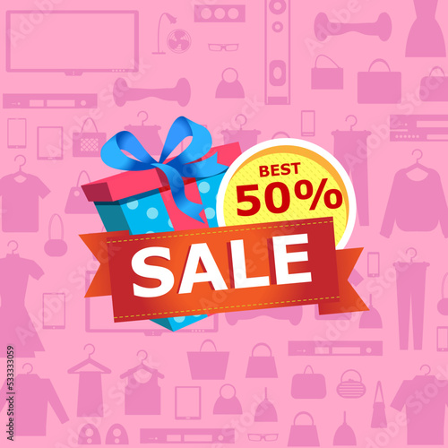 Best season proposition banner with gift box and various goods on pink background. Retail marketing promo, mall advertising campaign, weekend shopping, 50% discount offer vector illustration.