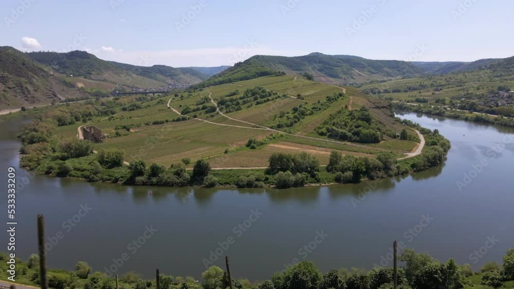 Slow Aerial Shot From A Vineyard Showing More Vineyards At The Bremm Moselle Loop, Germany Slow Aerial Shot From A Vineyard Showing More Vineyards At The Bremm Moselle Loop, Germany