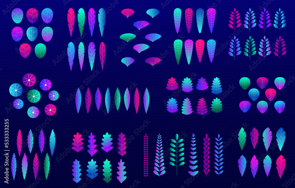Set of neon gradient color leaves. Set of neon gradient color leaves.