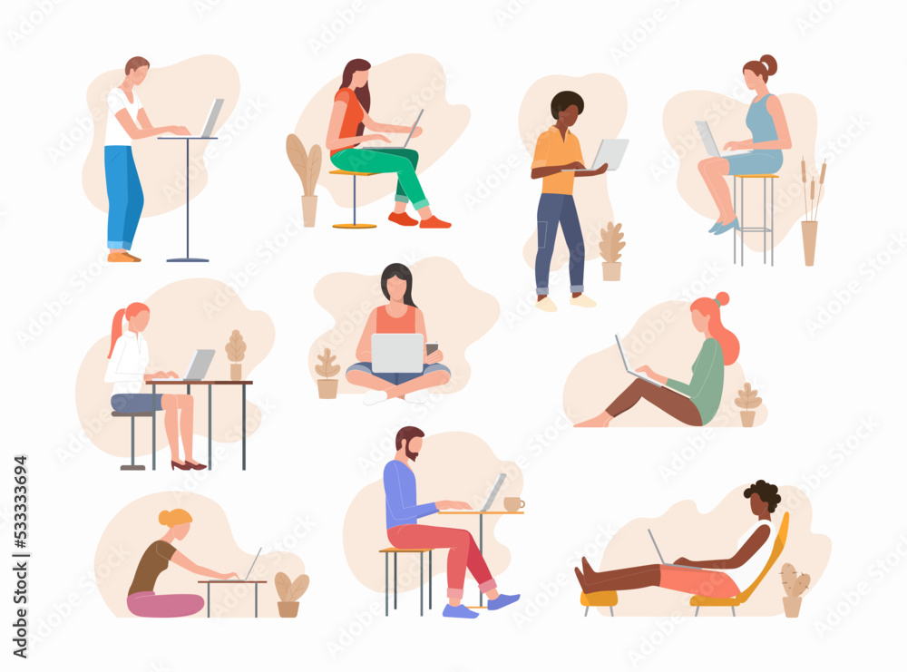 Set of people using a notebook. Young male and female characters working with laptop. Freelance, self-education, distant work concept. Faceless characters. Set of people using a notebook. Young male and female characters working with laptop. Freelance, self-education, distant work concept. Faceless characters.